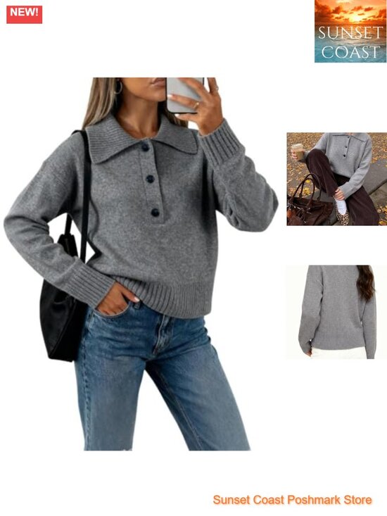 Sweaters - Polo Knit Sweater Pullover V Neck Lapel Collar Button Long Sleeve Loose Ribbed